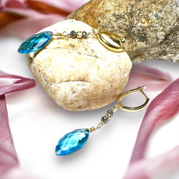 18k Gold Swiss Blue Topaz Earrings - Celebrate December Birthstone Brilliance - Picture 2 of 9